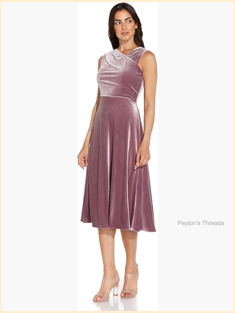 Draped Stretch Velvet Midi Dress Asymmetric Neckline